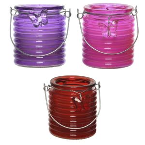 Citronella windlicht met kaars - 3x - paars/roze en rood - 20 branduren - citrusgeur