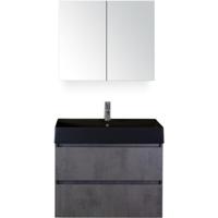 Maxx XL Badmeubelset 80 cm - Beton Antraciet - Wastafel Kube Zwart 1 Kraangat met Spiegelkast