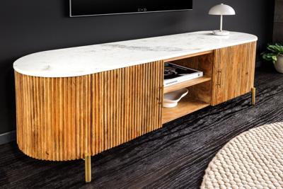 Massief tv-bord TRES CHIC 140cm bruin mangohout wit marmer met veel opbergruimte - 45756