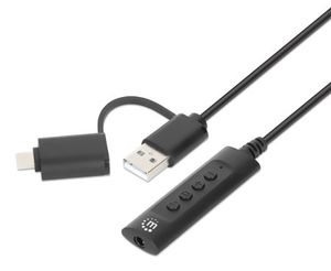 Manhattan USB-kabel Jackplug-bus 3,5 mm, USB-A stekker, USB-C stekker 1 m Zwart Met volumeregeling 153560