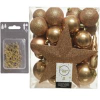 33x stuks kunststof kerstballen 5, 6 en 8 cm camel bruin inclusief ster piek en kerstbalhaakjes - Kerstbal