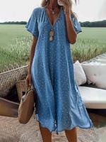 Women's Short Sleeve Floral Dress Summer Blue Dots V Neck Midi Sundress - thumbnail