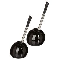 2x stuks WC-/toiletborstel met houder rond zwart glans keramiek 36 cm - thumbnail