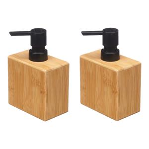 Luxe zeeppompje/dispenser Bamboo - 2x - lichtbruin/zwart - hout - 10 x 6 x 15 cm - 500 ml