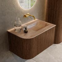 Badmeubel Mondiaz Kurve-Dlux | 75 cm | Meubelkleur Walnut | Wastafelkleur Saba | Solid surface | Wasbak rechter zijde spoelbak | Zonder kraangat(en)