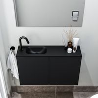 Zaro Polly toiletmeubel 80cm mat zwart met zwarte wastafel met kraangat links - thumbnail