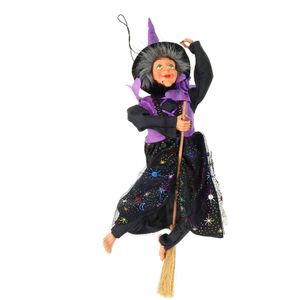 Halloween decoratie heksen pop - vliegend op bezem - 40 cm - zwart/paars