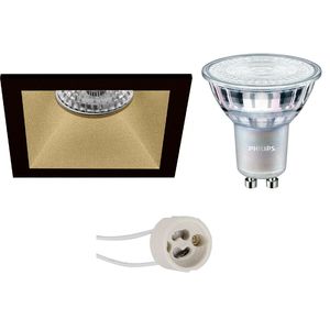 LED Spot Set - Pragmi Pollon Pro - GU10 Fitting - Inbouw Vierkant - Mat Zwart/Goud - Verdiept - 82mm - Philips - MASTER 927 36D VLE - 3.7W - Warm Wit 2200K-2700K - DimTone Dimbaar