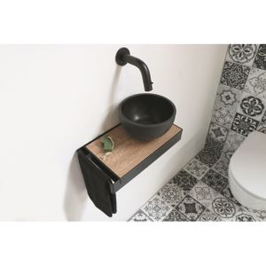 Ink Jazz XS toiletmeubel frame Zwart plateau Naturel Eiken waskom rechts Quartz 20cm zwart sw207542/sw207545/sw207559/
