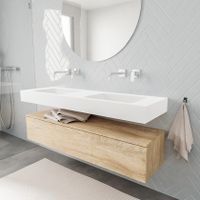 Mondiaz Alan badmeubel 150 cm washed oak 1 lade vrijhangend wastafel dubbel zonder kraangat wit