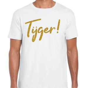 Verkleed T-shirt heren - Tijger! -  wit - glitter goud - themafeest fout/goud/stout