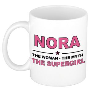 Naam cadeau mok/ beker Nora The woman, The myth the supergirl 300 ml   -