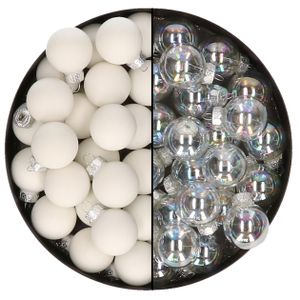 Mini kerstballen - 48x st - transparant parelmoer en satijn wit - 2,5 cm - glas