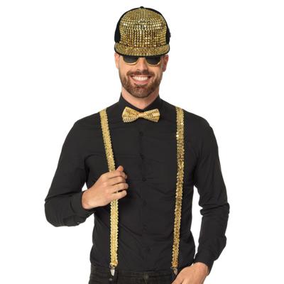 Rapper/gangster Verkleedset - bretels/bril/strik en cap - goud - 70's/80's - themafeest