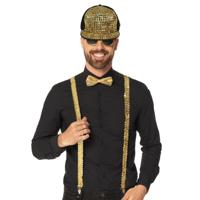 Rapper/gangster Verkleedset - bretels/bril/strik en cap - goud - 70's/80's - themafeest Rapper/gangster Verkleedset - bretels/bril/strik en cap - goud - 70's/80's - themafeest