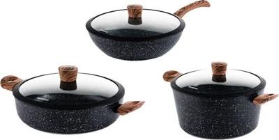 Westinghouse Pannenset Marble Wood - Wokpan ø 30 cm, braadpan & hapjespan ø 28 cm - inductie en alle andere warmtebronnen - 3 Delig