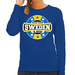 Have fear Sweden is here / Zweden supporter sweater blauw voor dames