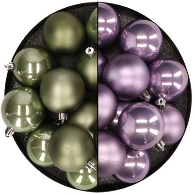 Kunststof kerstballen 6 cm - 24x stuks - groen en lila paars