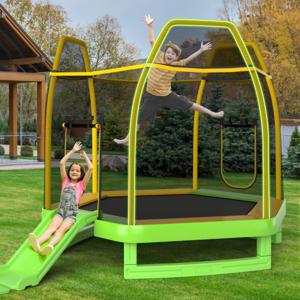 φ 223 cm Tuintrampoline met Glijbaan Trampoline Buiten tot 270 kg Kindertrampoline met Ladder Veiligheidsnet en Oceaanballen Groen