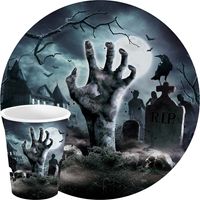 Halloween/horror kerkhof feest servies borden en bekers - 24x - zwart- papier - thumbnail