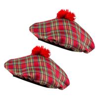 Carnaval verkleed hoed/baret in Schotse ruit - 2x - rood - polyester - heren - Schotland - thumbnail