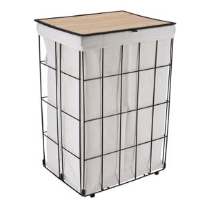Wasmand met deksel bamboe - zwart/naturel - opvouwbaar - 60 liter - 40 x 30 x 60 cm