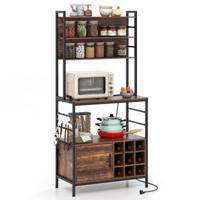Keukenplank met Stopcontacten Koffiebarkast met Haken Wijnrek Stevig Metalen Frame Magnetronstandaard Zwart/Rustiek Bruin