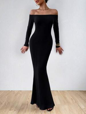Bon&Bon Off Shoulder Mermaid Hem Bodycon Dress | Black Rib-Knit Maxi Black / L