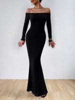 Bon&Bon Off Shoulder Mermaid Hem Bodycon Dress | Black Rib-Knit Maxi Black / L