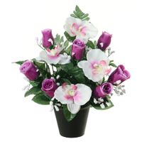 Kunstbloemen plantje in pot - wit/paars - 28 cm - Bloemstuk ornament - paars/bladgroen - thumbnail