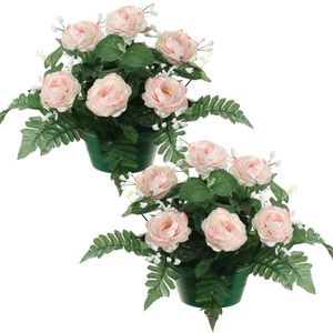 Kunstbloemen plantje rozen in pot - 2x - lichtroze - 25 cm - Bloemstuk ornament - met bladgroen