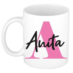 Naam mok Anita - roze - wit - keramiek - 300 ml - verjaardag/cadeau beker