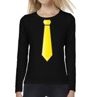 Verkleed shirt voor dames - stropdas geel - zwart - carnaval - foute party - longsleeve - thumbnail