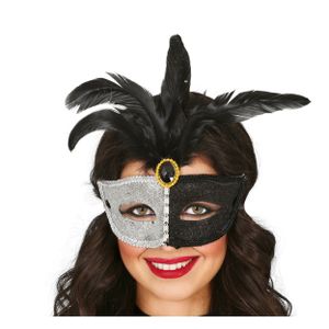 Verkleed oogmasker Venitiaans - zwart/zilver met veren - volwassenen - Carnaval/gemaskerd bal   -