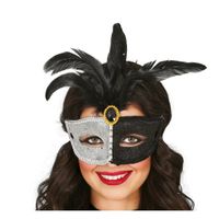 Verkleed oogmasker Venitiaans - zwart/zilver met veren - volwassenen - Carnaval/gemaskerd bal   - - thumbnail