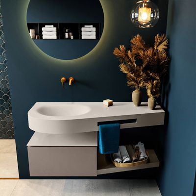 MONDIAZ RIVA 120cm badmeubel onderkast / planchet kleur Smoke met 1 lade. Wastafel DULCET links 0 kraangaten kleur Linen.