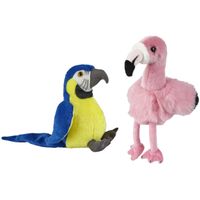 Knuffeldieren set papegaai en flamingo pluche knuffels 18 cm - thumbnail