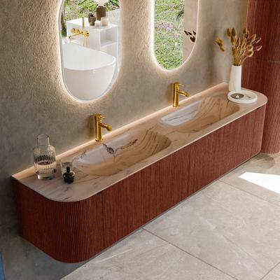 Badmeubel Mondiaz Kurve-Dlux | 200 cm | Meubelkleur Ruby | Wastafelkleur Arena | Solid surface | Wasbak beide zijden spoelbak | 2 kraangaten