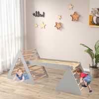 3-In-1 Klimdriehoek Ladder en Glijbaan Klimrek met Dubbelzijdige Helling Klimdriehoek voor Klimmen en Glijden (Grijs + Natuur)