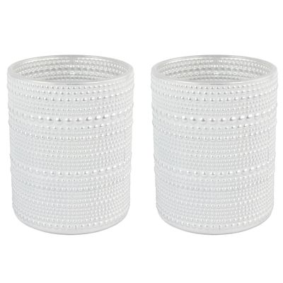 2x stuks luxe theelichthouder/kaarsenhouder - parel wit/zilver - glas - D7 x H8 cm