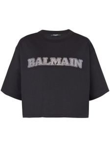 Balmain t-shirt crop en coton à logo strassé - Noir