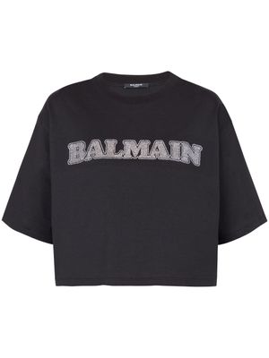 Balmain t-shirt crop en coton à logo strassé - Noir