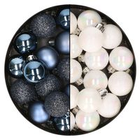 28x stuks kleine kunststof kerstballen donkerblauw en parelmoer wit 3 cm - thumbnail