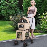 3 in 1 Hondenwagen Hondenbuggy 2 Verdiepingen met Netvensters & Zakken & Kussens Beige