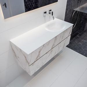 Mondiaz Vica Moon badmeubel wit carrara mat 120 cm 2 lades solid surface enkele spoelbak rechts zonder kraangat