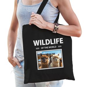 Katoenen tasje Alpaca's zwart - wildlife of the world Alpaca cadeau tas