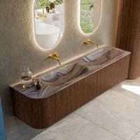 Badmeubel Mondiaz Kurve-Dlux | 175 cm | Meubelkleur Walnut | Wastafelkleur Sombra | Solid surface | Dubbel / Rechts spoelbak | Zonder kraangat(en)