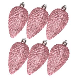 Kerstornamenten kunststof dennenappels 6x stuks roze glitter 8 cm