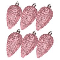 Kerstornamenten kunststof dennenappels 6x stuks roze glitter 8 cm - thumbnail