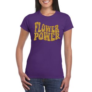 Paars Flower Power t-shirt met gouden letters dames